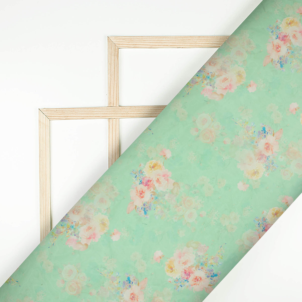 Light Green And Blush Pink Floral Pattern Digital Print Organza Satin Fabric