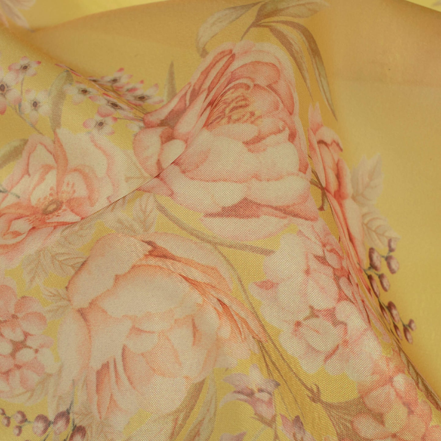 Bumblebee Yellow And Peach Floral Pattern Digital Print Organza Satin Fabric