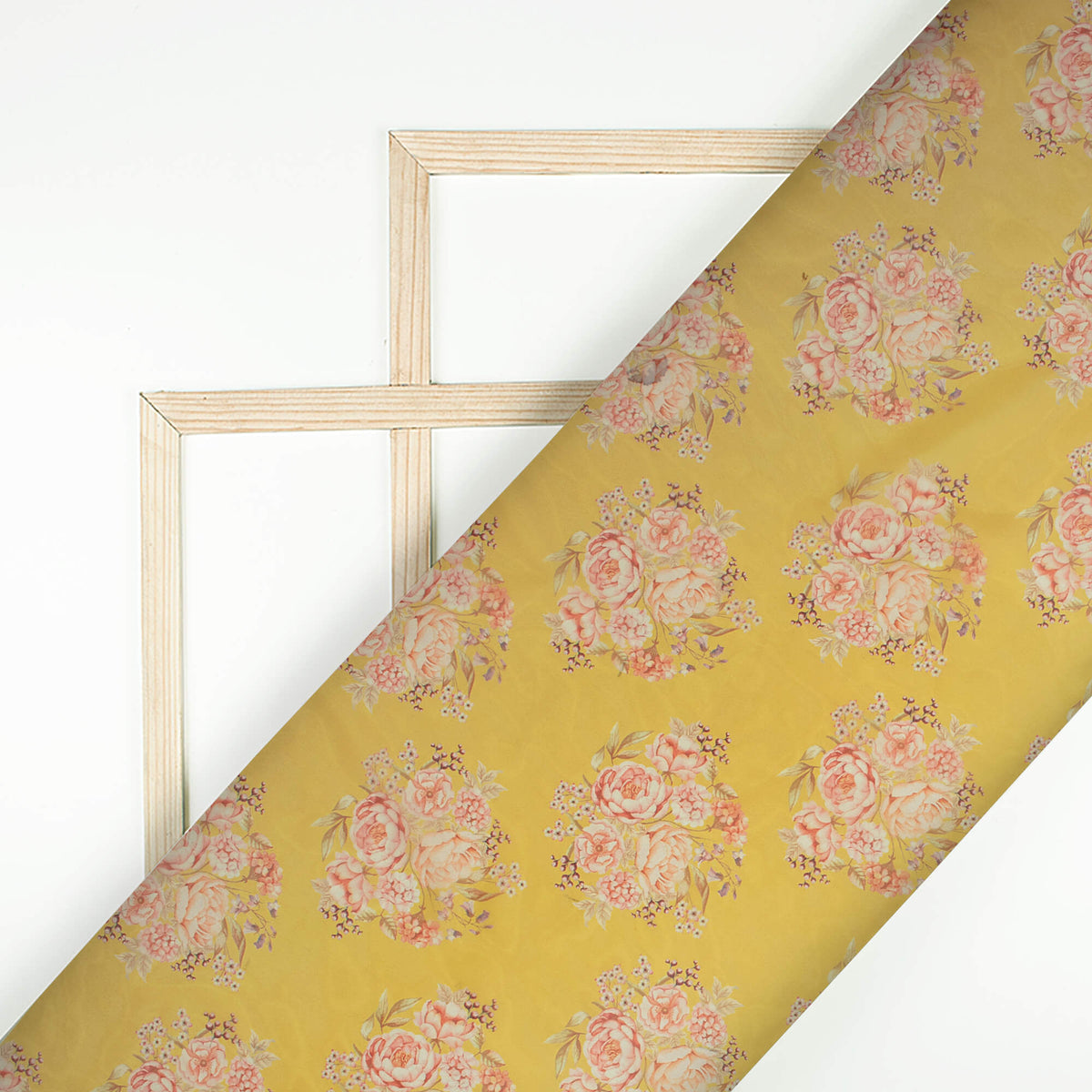 Bumblebee Yellow And Peach Floral Pattern Digital Print Organza Satin Fabric