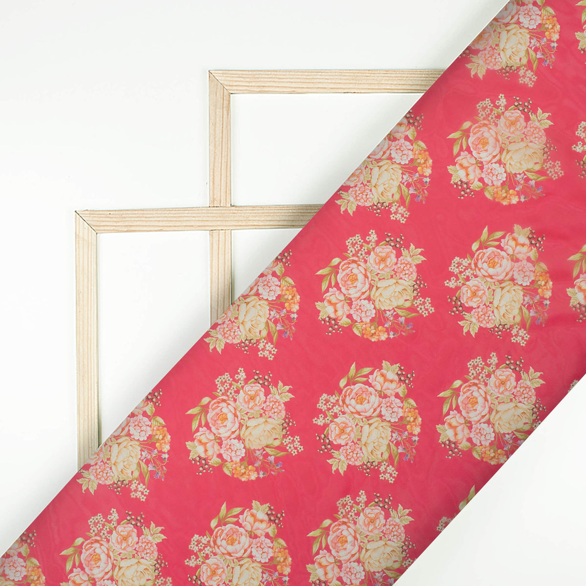 Vermilion Red And Peach Floral Pattern Digital Print Organza Satin Fabric