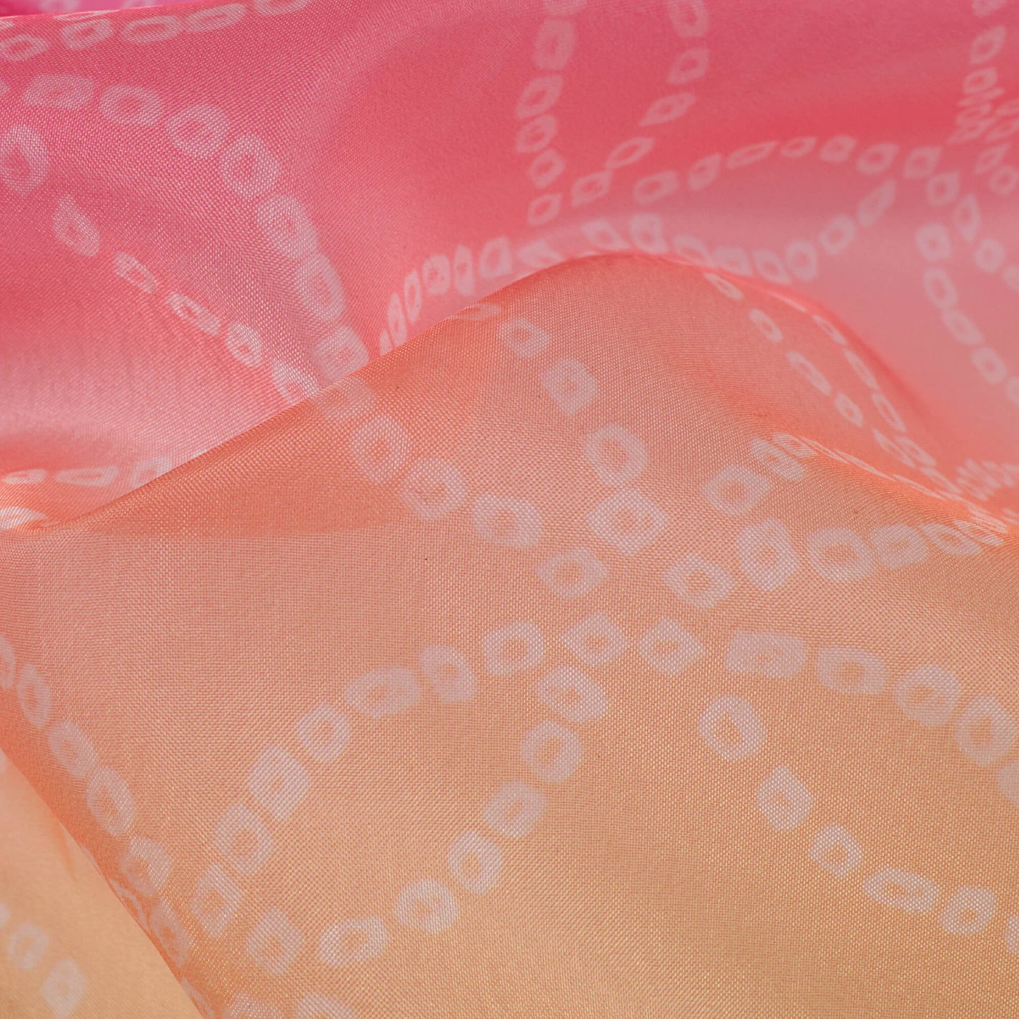 Lemon Yellow And Taffy Pink Bandhani Pattern Digital Print Organza Satin Fabric