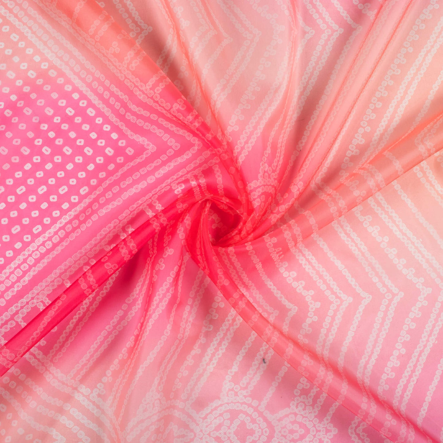 Taffy Pink And Coral Orange Bandhani Pattern Digital Print Organza Satin Fabric