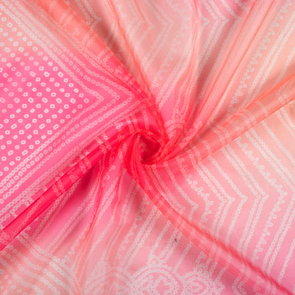 Taffy Pink And Coral Orange Bandhanii Pattern Digital Print Organza Satin Fabric