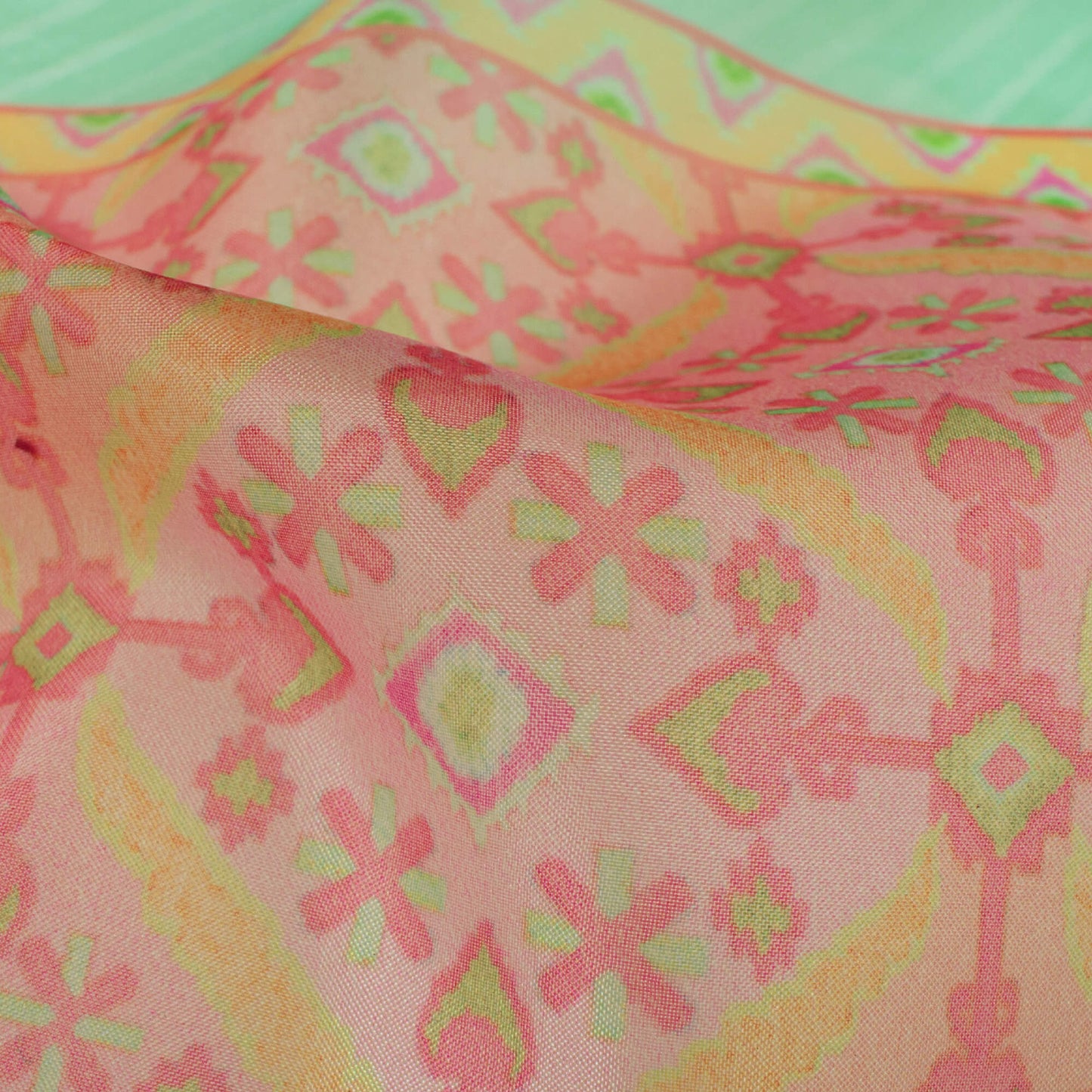 Mint Green And Taffy Pink Daman Pattern Digital Print Organza Satin Fabric