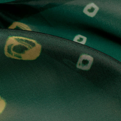 Forest Green And Yellow Bandhanii Pattern Digital Print Organza Satin Fabric