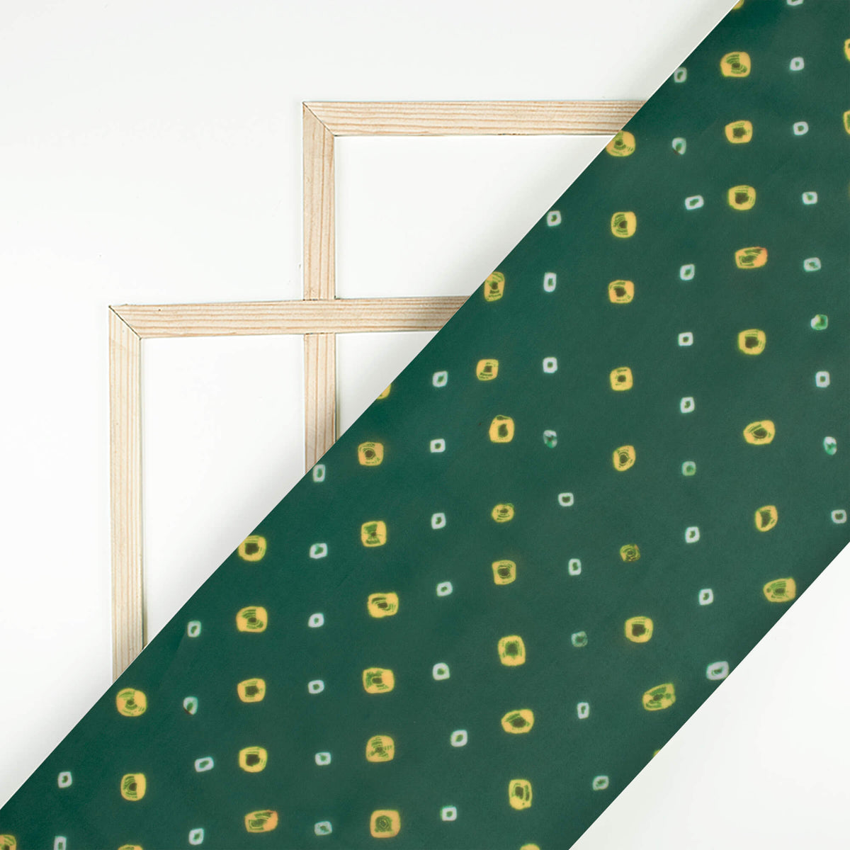 Forest Green And Yellow Bandhani Pattern Digital Print Organza Satin Fabric