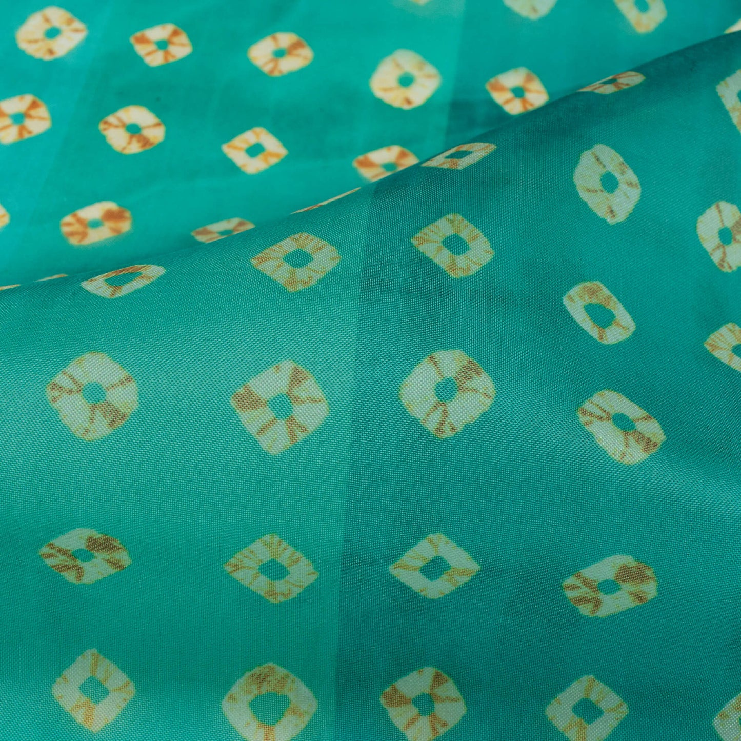 Dartmouth Green And Cream Bandhani Pattern Digital Print Organza Satin Fabric