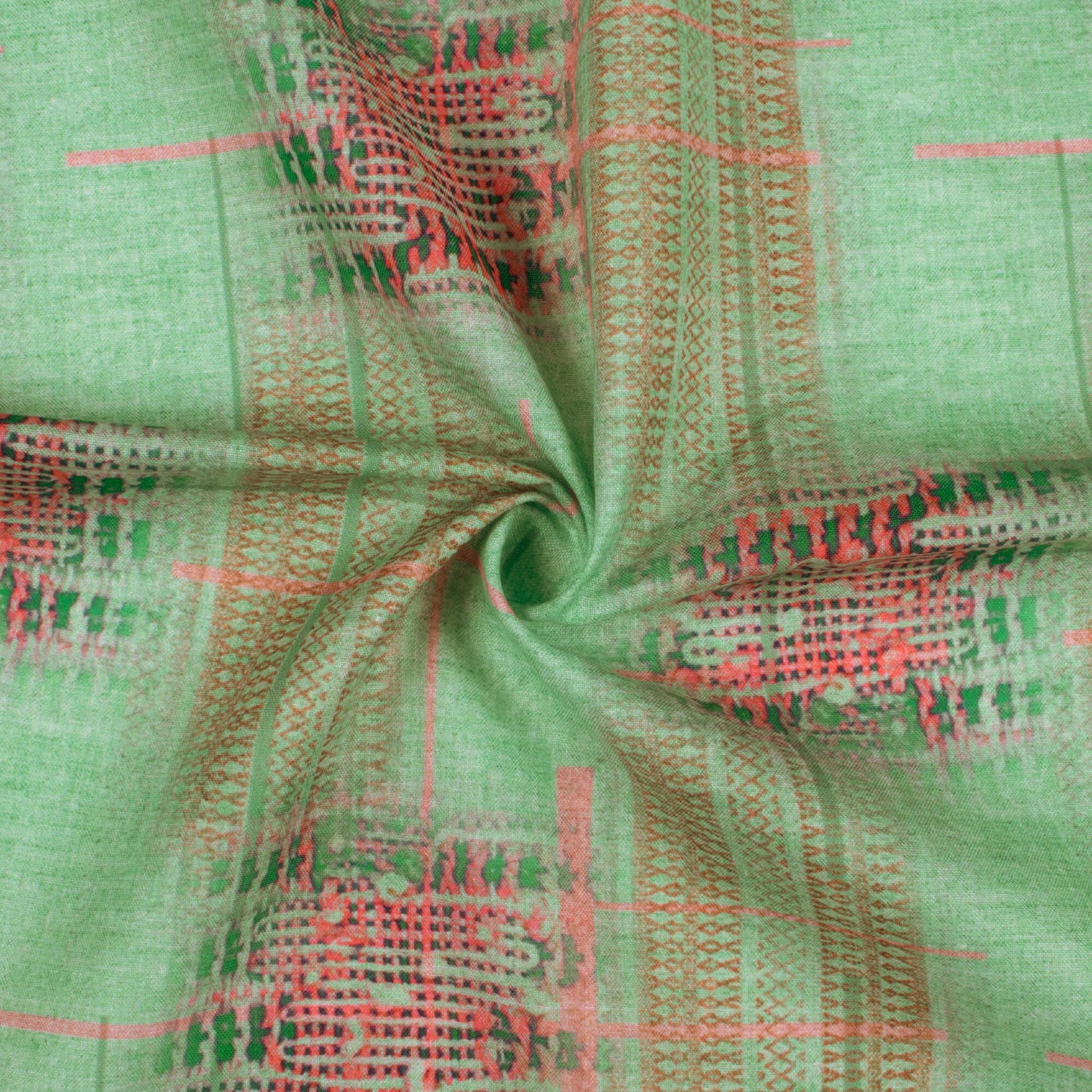 Paris Green And Indian Red Abstract Pattern Digital Print Poly Cambric Fabric