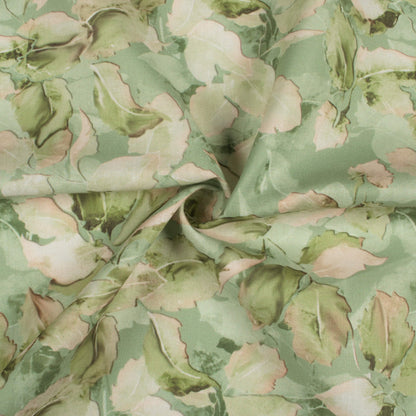 Pastel Green And Salmon Peach Leaf Pattern Digital Print Poly Cambric Fabric
