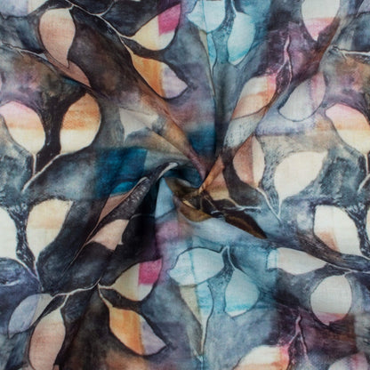 Yale Blue And Beaver Brown Leaf Pattern Digital Print Poly Cambric Fabric
