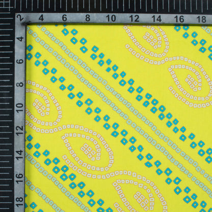 Lemon Yellow And Teal Bandhanii Pattern Digital Print Poly Cambric Fabric