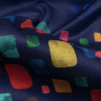 Navy Blue And Vermilion Red Geometric Pattern Digital Print Poly Cambric Fabric