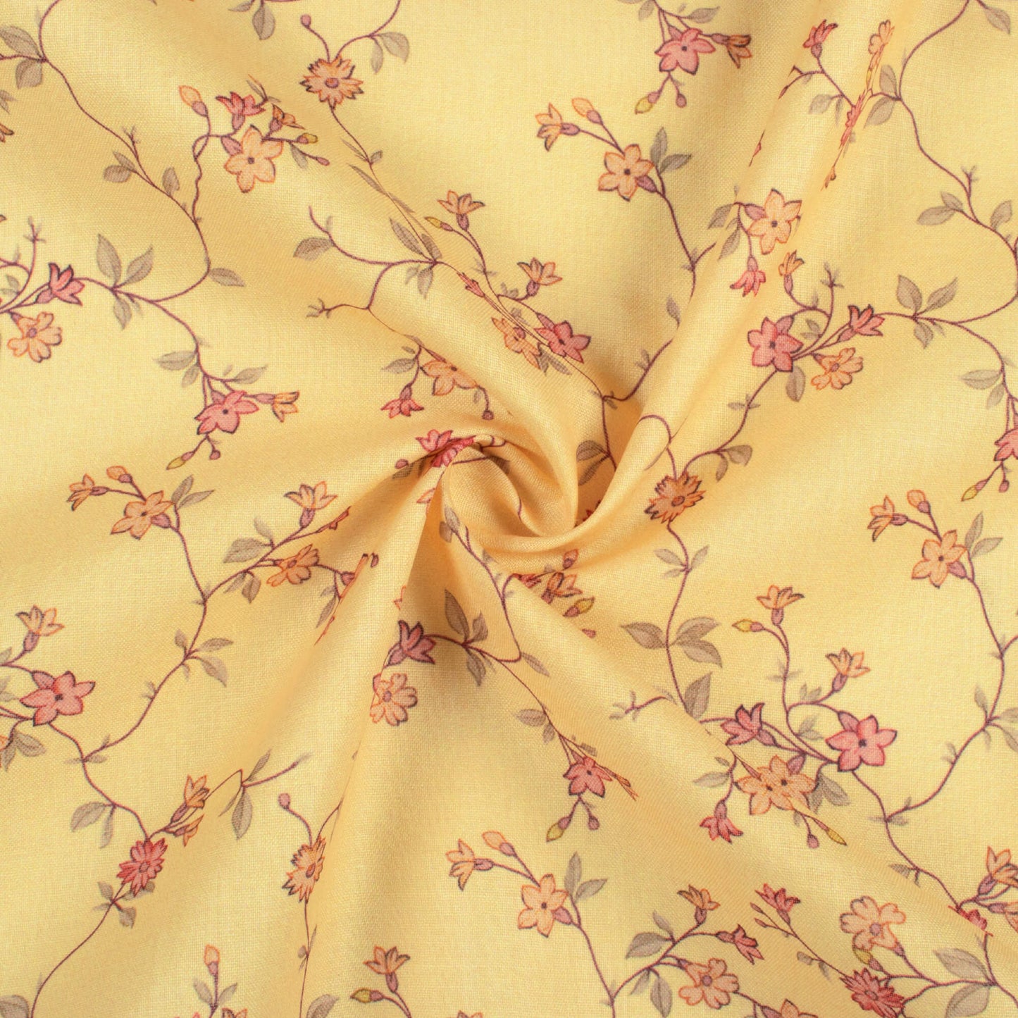 Flax Yellow And Peach Floral Pattern Digital Print Poly Cambric Fabric