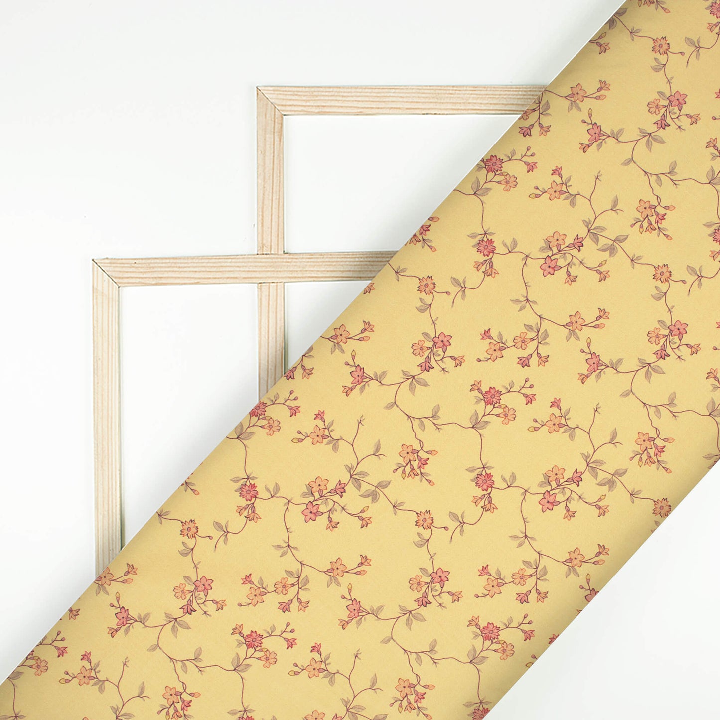 Flax Yellow And Peach Floral Pattern Digital Print Poly Cambric Fabric