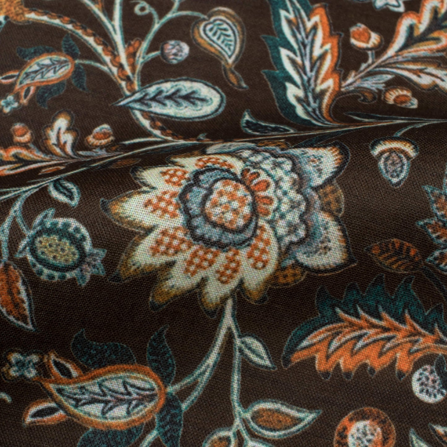 Black And Flame Orange Floral Pattern Digital Print Poly Cambric Fabric