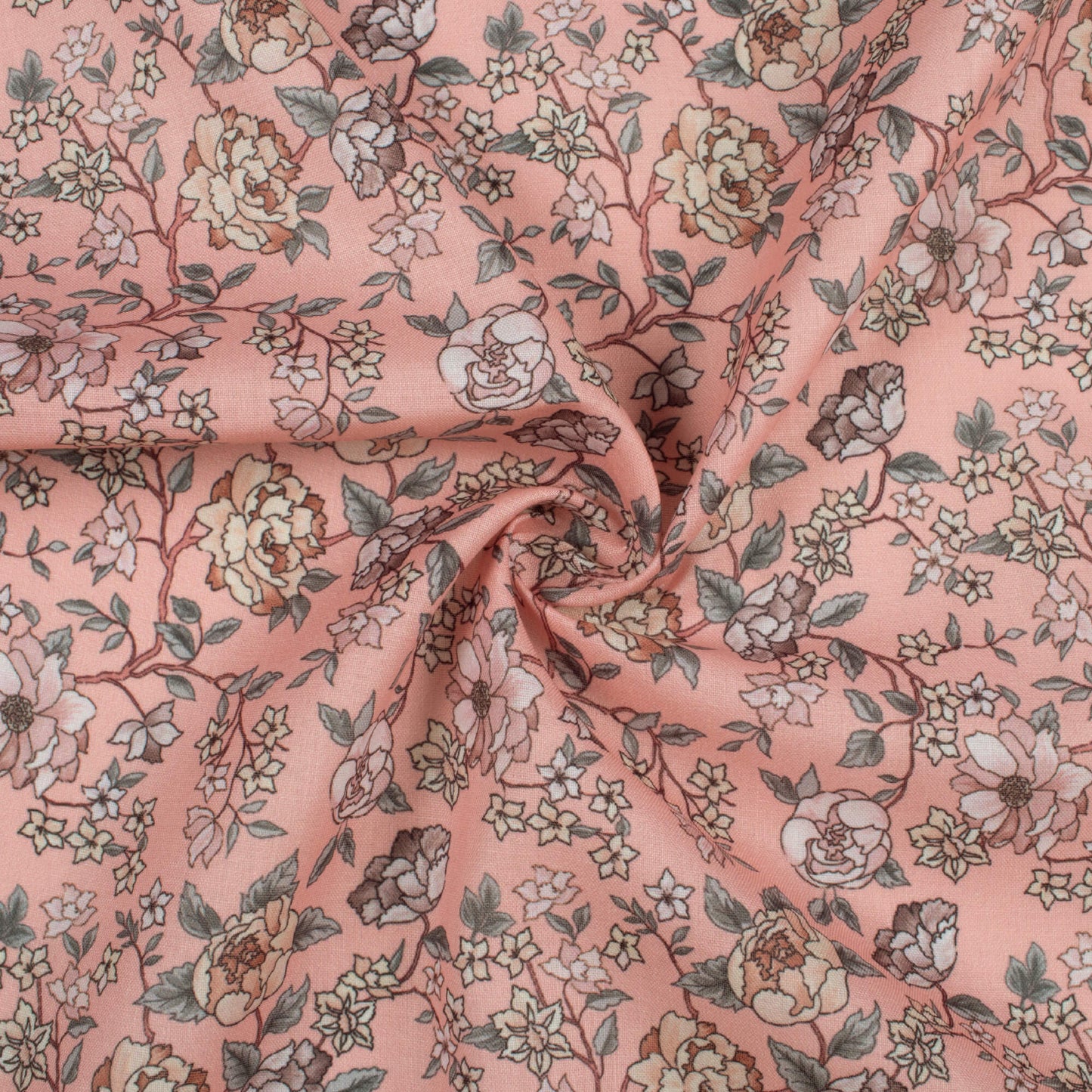 Powder Pink And Peach Floral Pattern Digital Print Poly Cambric Fabric