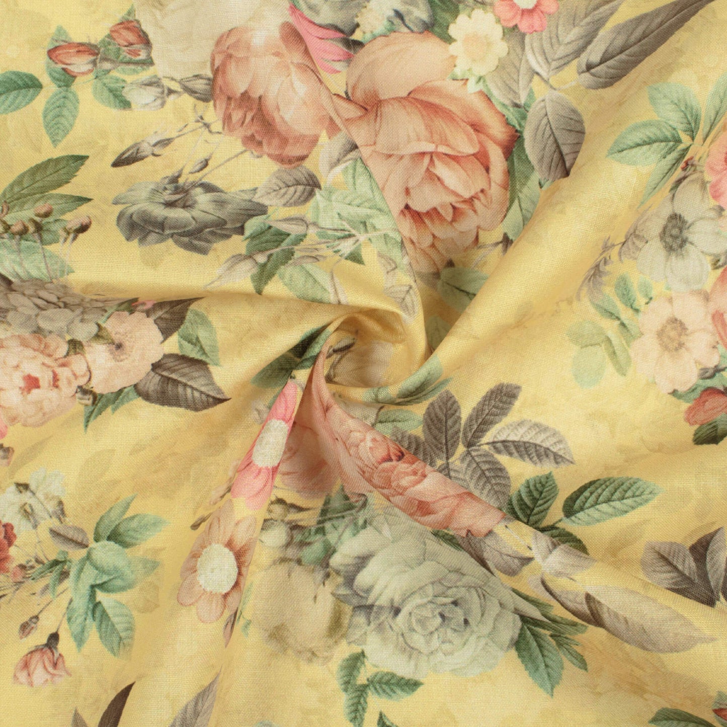 Mellow Yellow And Brown Floral Pattern Digital Print Poly Cambric Fabric