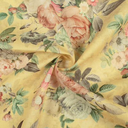 Mellow Yellow And Brown Floral Pattern Digital Print Poly Cambric Fabric