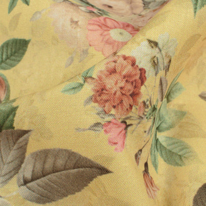 Mellow Yellow And Brown Floral Pattern Digital Print Poly Cambric Fabric