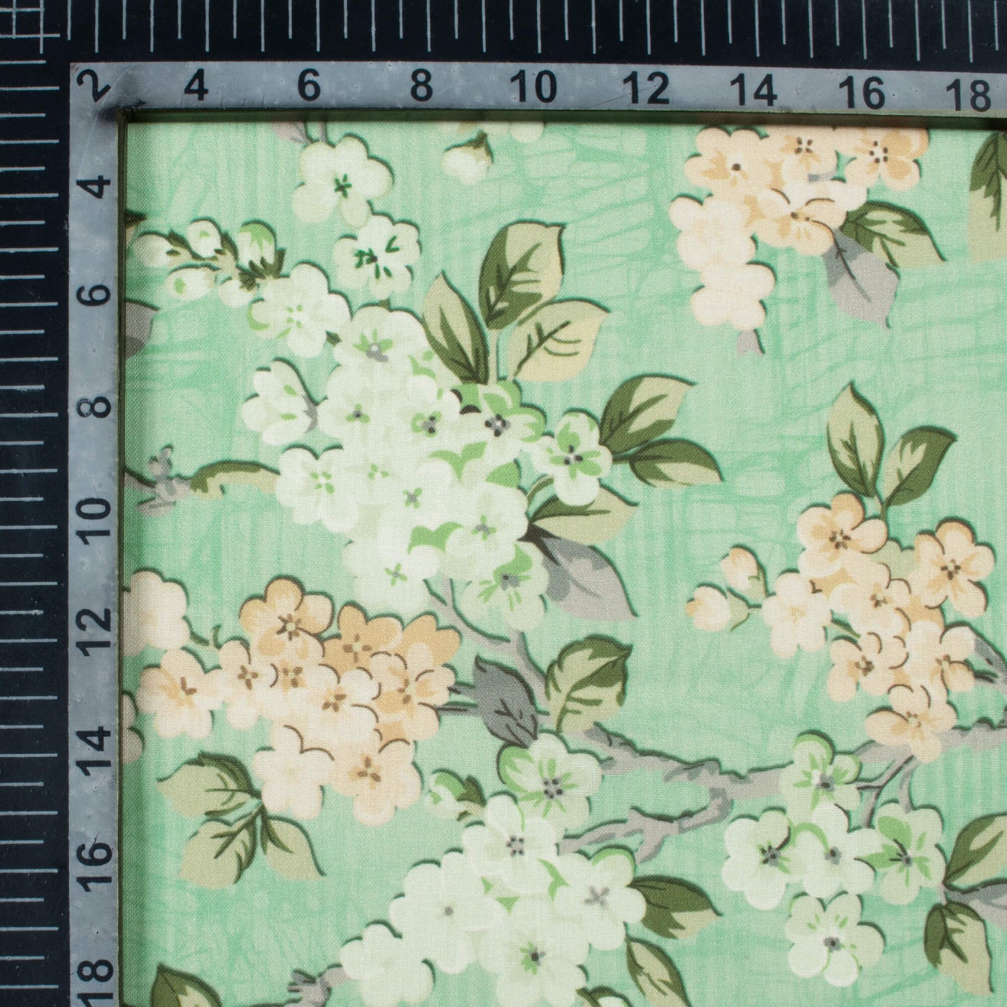 Tea Green And Pastel Peach Floral Pattern Digital Print Poly Cambric Fabric