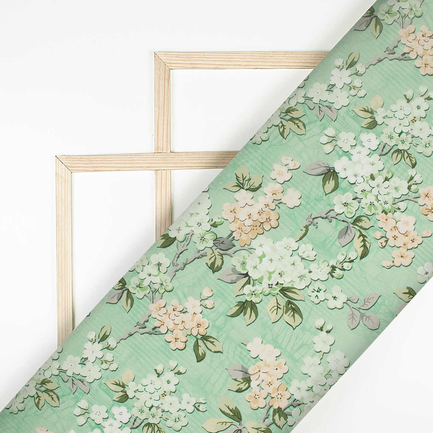 Tea Green And Pastel Peach Floral Pattern Digital Print Poly Cambric Fabric