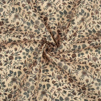 Pastel Peach And Dark Brown Floral Pattern Digital Print Poly Cambric Fabric