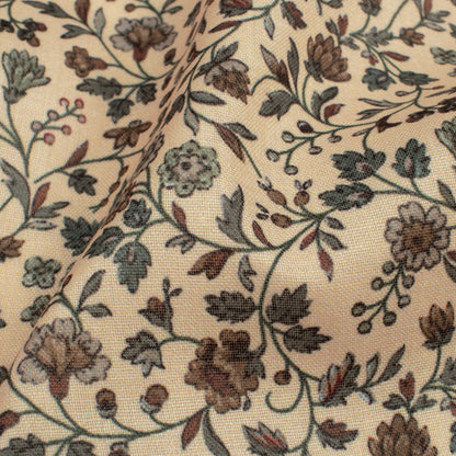 Pastel Peach And Dark Brown Floral Pattern Digital Print Poly Cambric Fabric