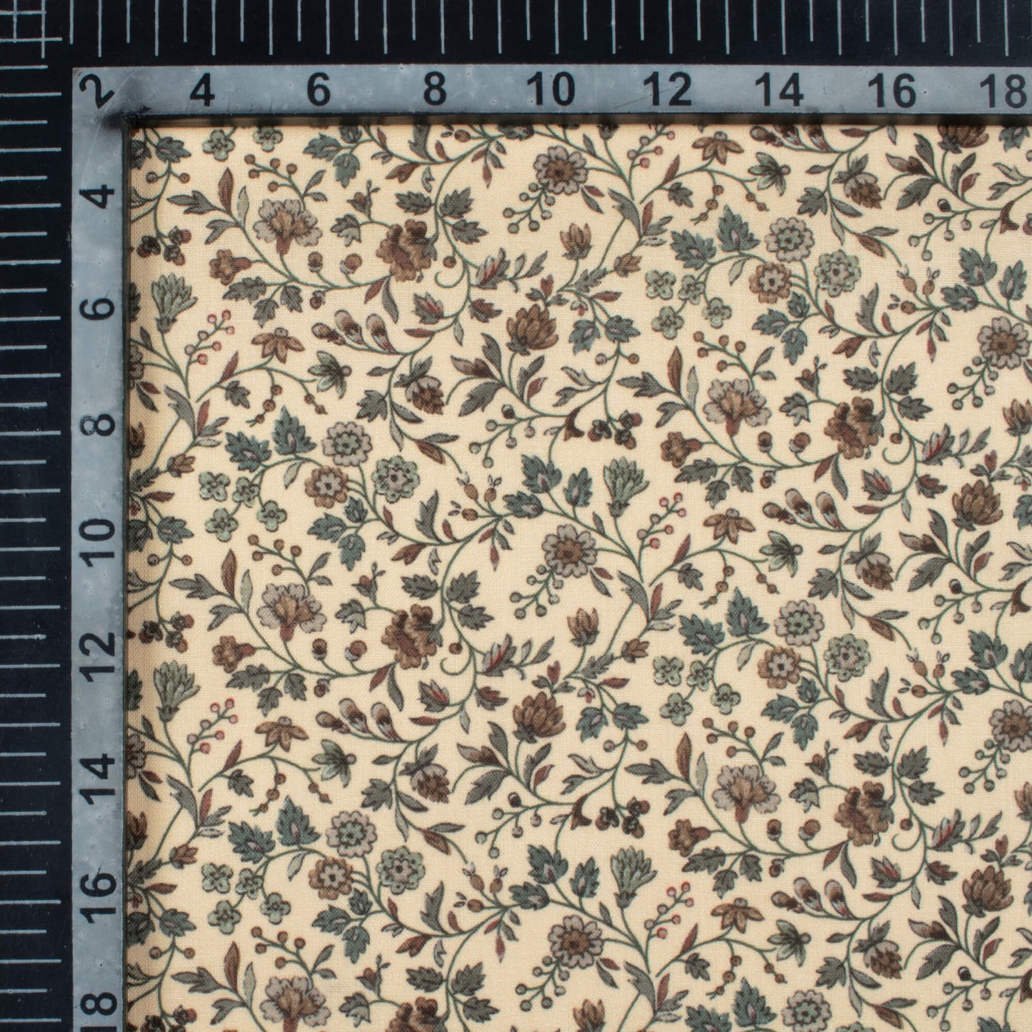 Pastel Peach And Dark Brown Floral Pattern Digital Print Poly Cambric Fabric