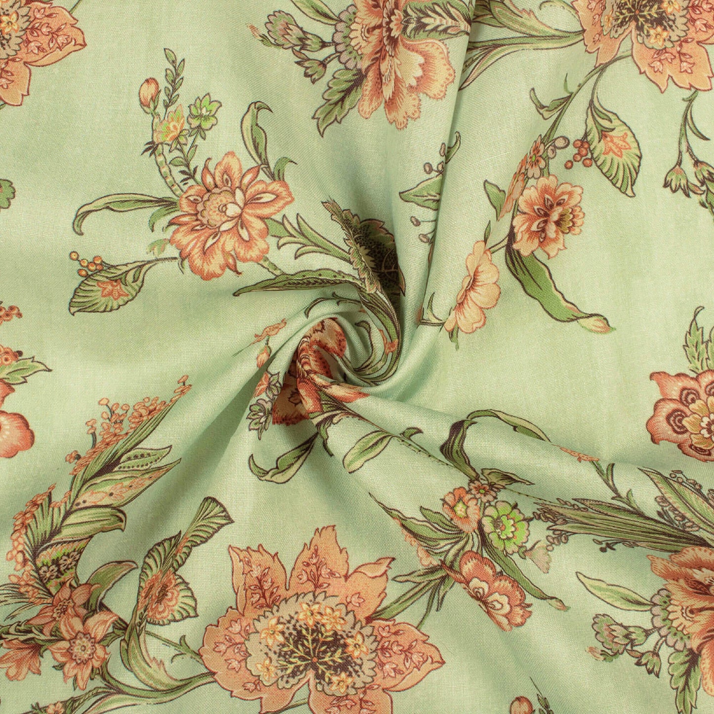 Pistachio Green And Light Orange Floral Pattern Digital Print Poly Cambric Fabric