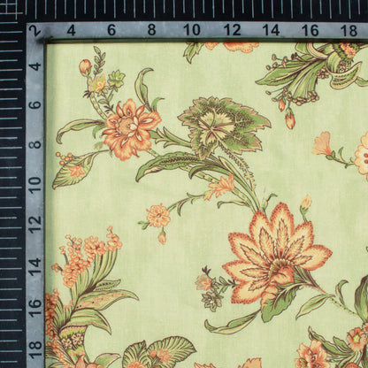 Pistachio Green And Light Orange Floral Pattern Digital Print Poly Cambric Fabric