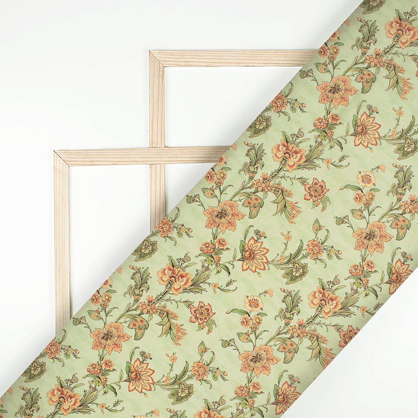 Pistachio Green And Light Orange Floral Pattern Digital Print Poly Cambric Fabric