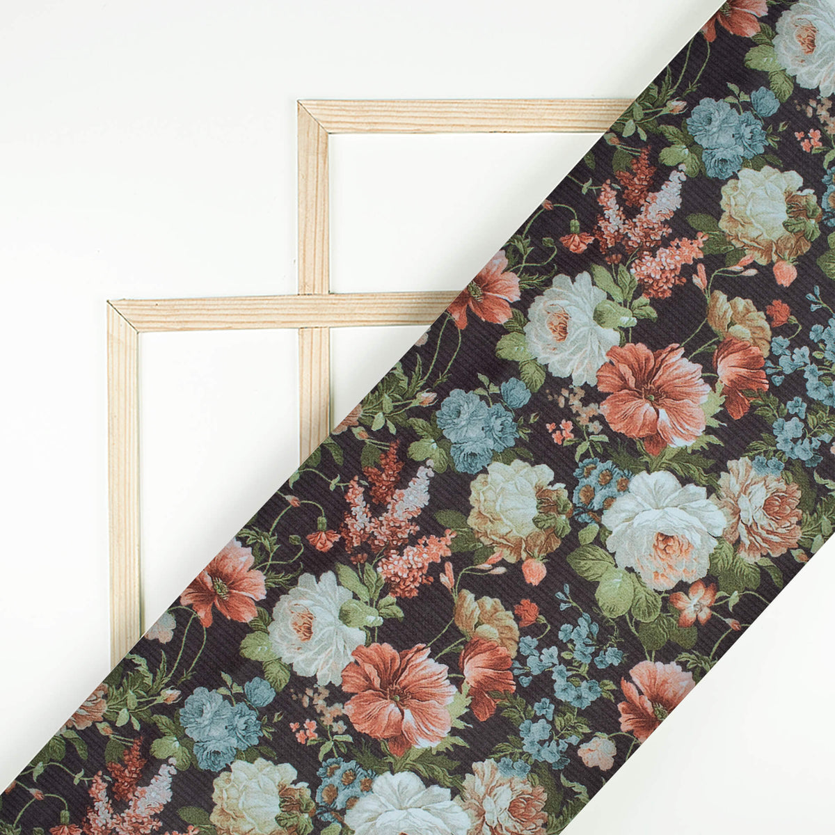 Black And Dark Blush Pink Floral Pattern Digital Print Poly Cambric Fabric