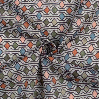 Sage Green And Peach Geometric Pattern Digital Print Poly Cambric Fabric