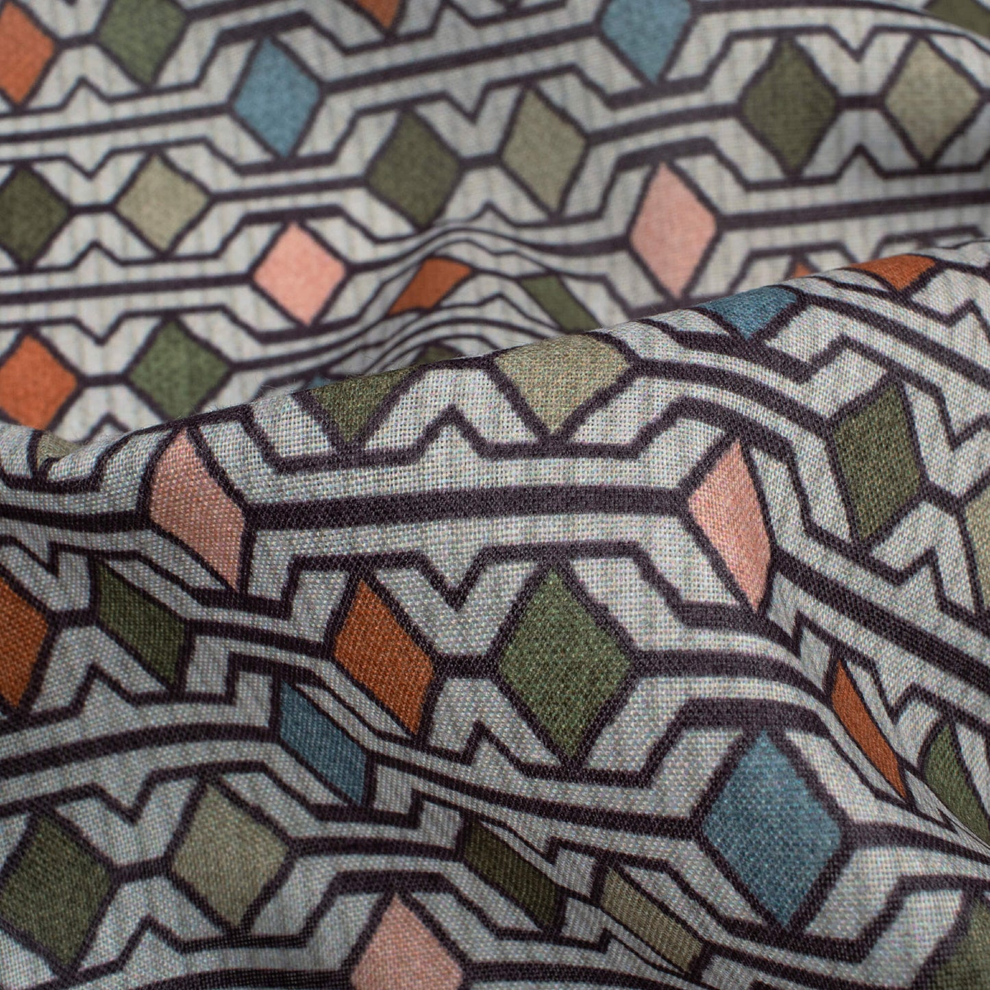 Sage Green And Peach Geometric Pattern Digital Print Poly Cambric Fabric