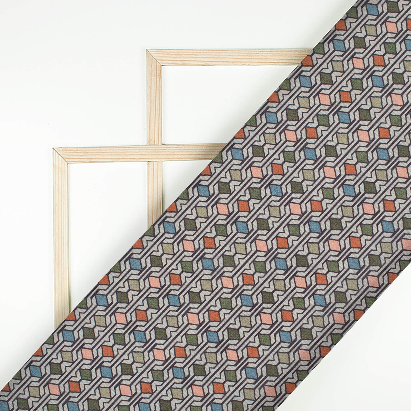 Sage Green And Peach Geometric Pattern Digital Print Poly Cambric Fabric