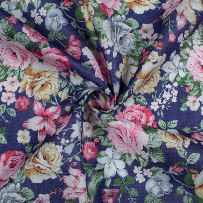 Space Blue And Taffy Pink Floral Pattern Digital Print Poly Cambric Fabric