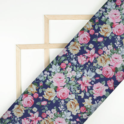 Space Blue And Taffy Pink Floral Pattern Digital Print Poly Cambric Fabric