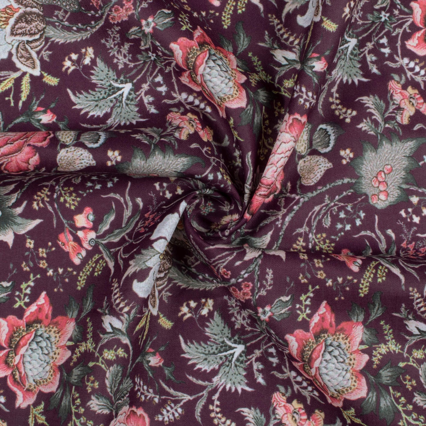 Raisins Purple And Salmon Pink Floral Pattern Digital Print Poly Cambric Fabric