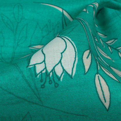 Pine Green And White Floral Pattern Digital Print Poly Cambric Fabric
