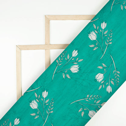 Pine Green And White Floral Pattern Digital Print Poly Cambric Fabric