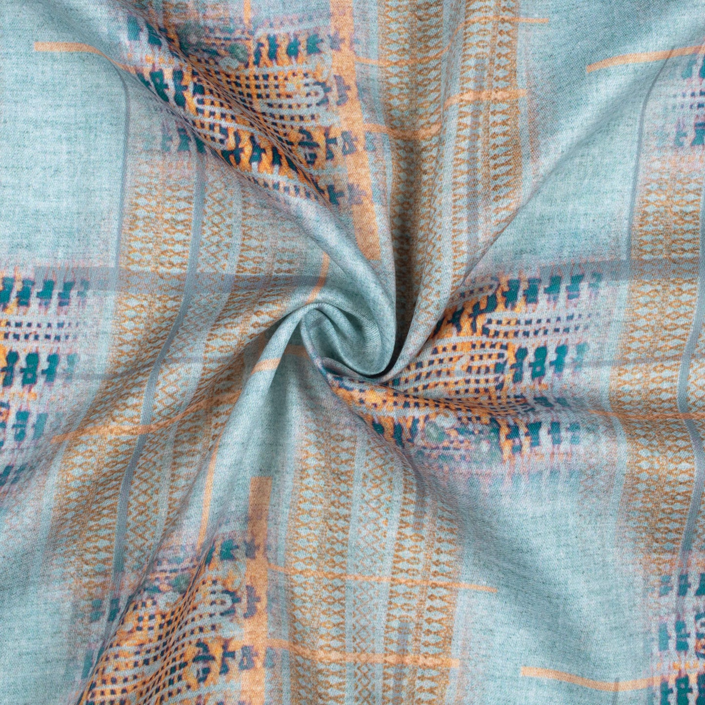 Baby Blue And Orange Abstract Pattern Digital Print Poly Glazed Cotton Fabric