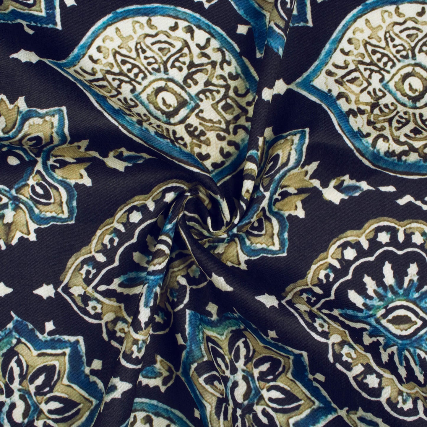 Navy Blue And Beige Ethnic Pattern Digital Print Poly Glazed Cotton Fabric
