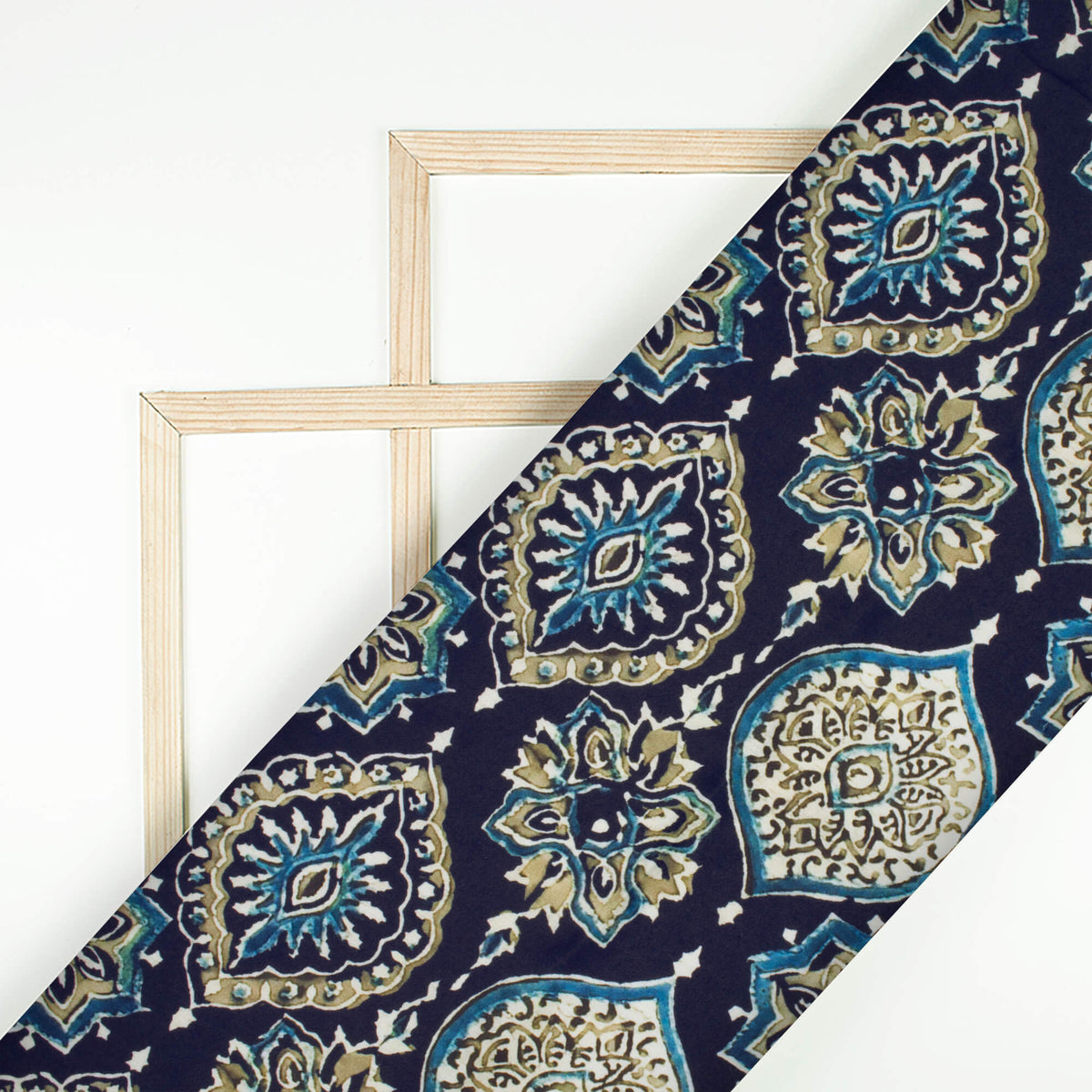 Navy Blue And Beige Ethnic Pattern Digital Print Poly Glazed Cotton Fabric