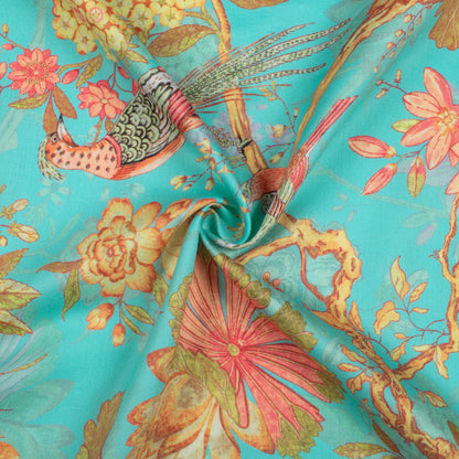 Powder Yellow And Laguna Yellow Floral Pattern Digital Print Poly Glazed Cotton Fabric