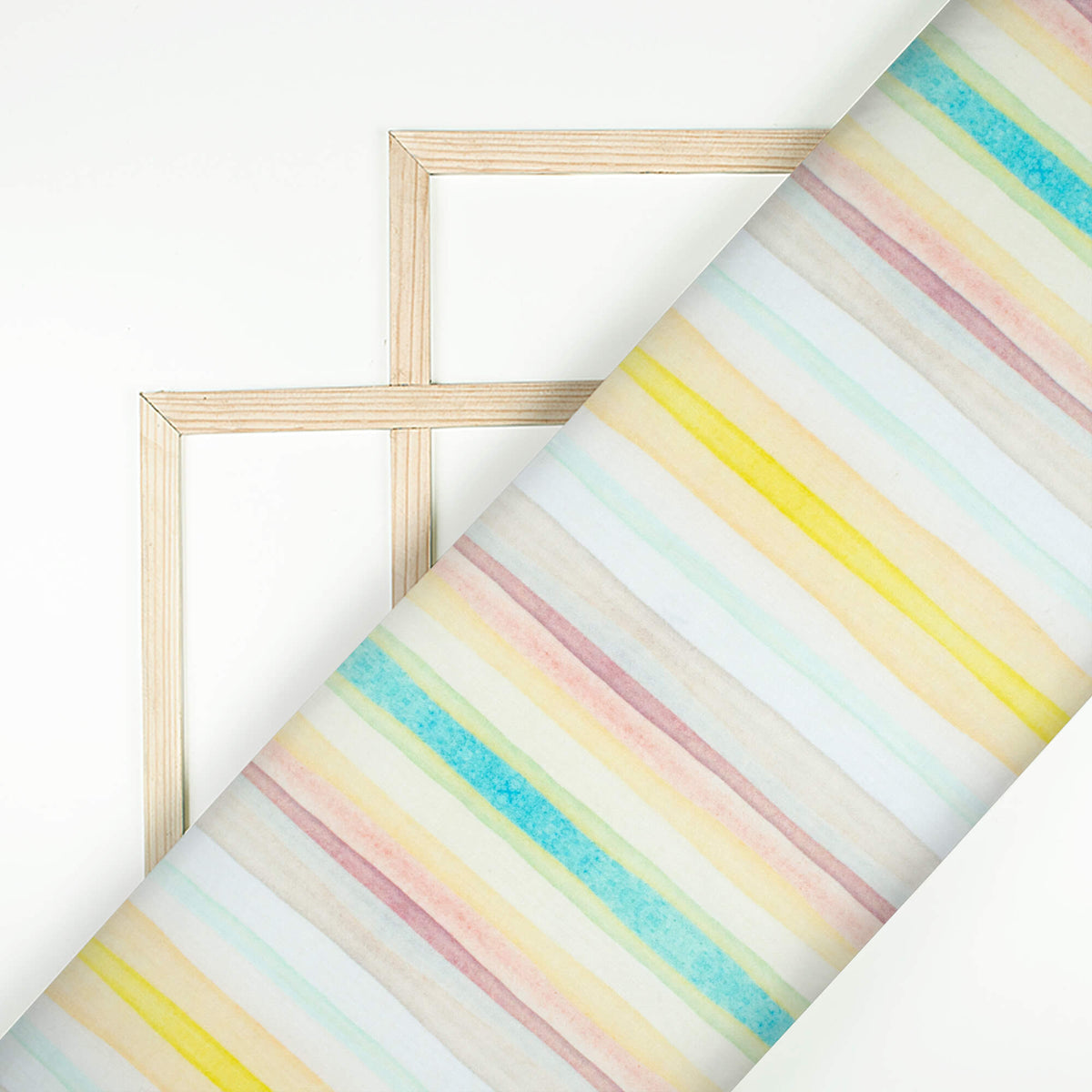 Off White And Yellow Stripes Pattern Digital Print Poly Glazed Cotton Fabric
