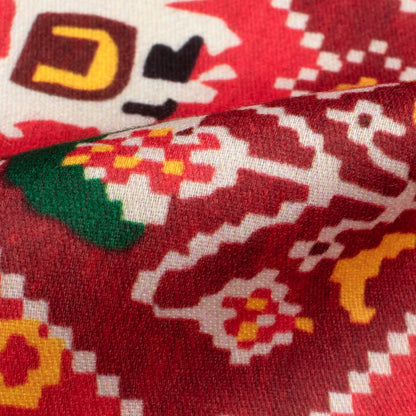 Sangria Red And Green Patolaa Pattern Digital Print Poly Glazed Cotton Fabric
