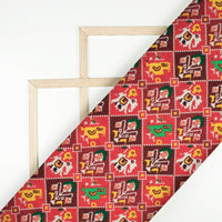 Sangria Red And Green Patolaa Pattern Digital Print Poly Glazed Cotton Fabric
