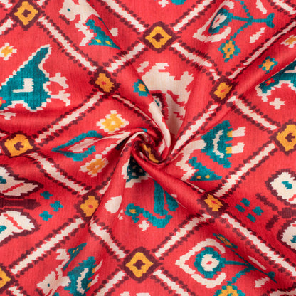 Sangria Red And Teal Green Patolaa Pattern Digital Print Poly Glazed Cotton Fabric