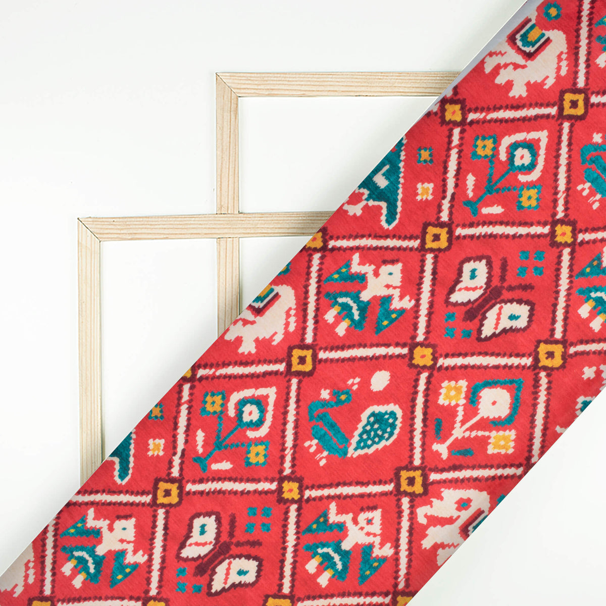 Sangria Red And Teal Green Patolaa Pattern Digital Print Poly Glazed Cotton Fabric