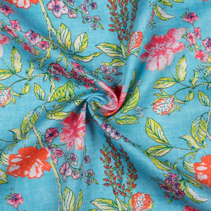 Baby Blue And Taffy Pink Floral Pattern Digital Print Poly Glazed Cotton Fabric